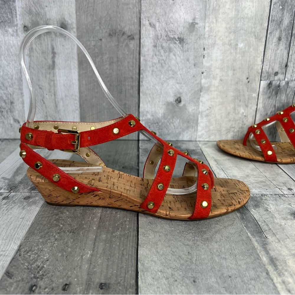 M MICHAEL KORS Orange Red Studded Wedge Suede Leather Sandals Size 7.5